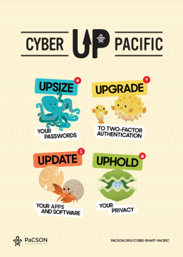 A poster encouraging people to upsize their passwords, upgrade to two factor authentication, update your software and apps and uphold your privacy. There is a graphic for each category - an octopus, hermit crab, puffer fish and clam.