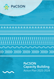An image showing the front cover of the PaCSON Action Plan document. It's a teal colour with a small graphic of a sea turtle in the top left-hand corner and the words PaCSON Action Plan it also includes some Pacific designs in white.